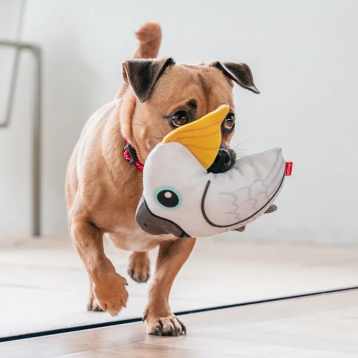 A young tan dog mid-stride carrying a Red Dingo plush toy, full of energy