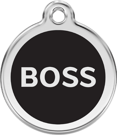 Red Dingo stainless steel and black enamel round pet ID tag with a Boss design