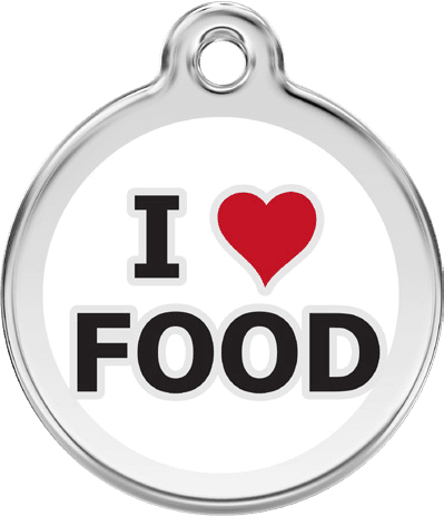 Red Dingo stainless steel and white enamel round pet ID tag with an I love Food design
