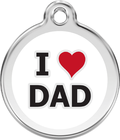 Red Dingo stainless steel and white enamel round pet ID tag with an I love Dad design