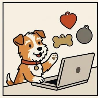 Cartoon of a scruffy terrier at a laptop choosing between heart, bone and round pet ID tags