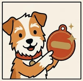 Cartoon of the terrier proudly pointing at a large red enamel tag with a freshly engraved sparkle