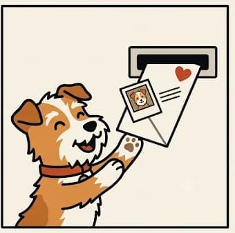 Cartoon of the terrier happily catching an envelope addressed to the dog itself as it arrives through the mail slot