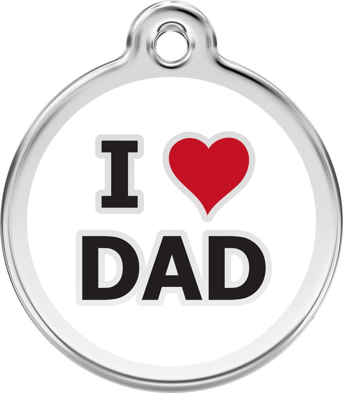 Genuine Red Dingo I Love Dad enamel pet ID tag in white with a red heart