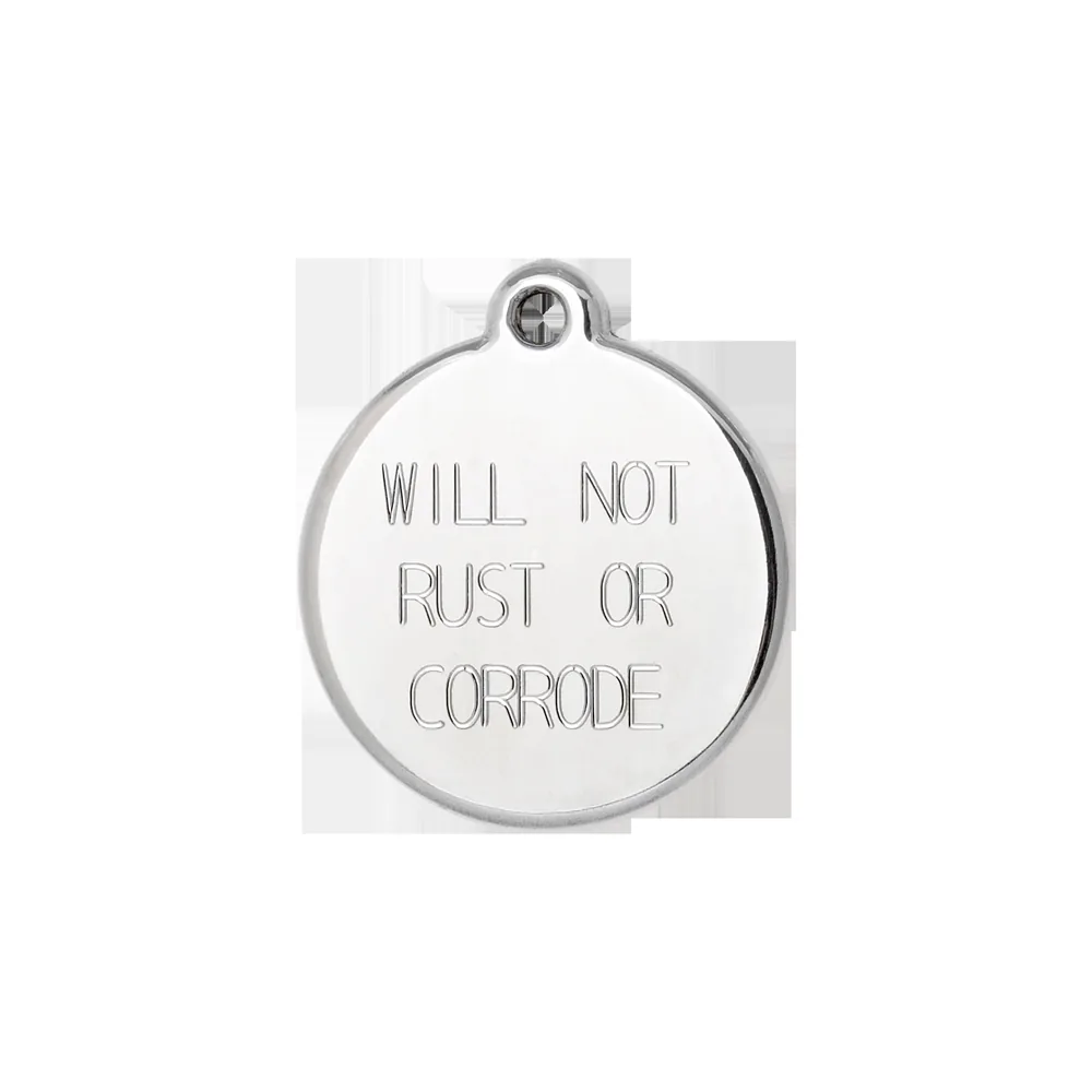 Back of a genuine Red Dingo stainless steel tag, deep diamond engraved with the words will not rust or corrode