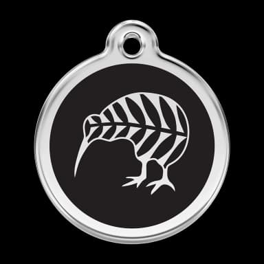 Red Dingo Kiwi enamel pet ID tag: a silver kiwi with fern-frond feathers on black enamel