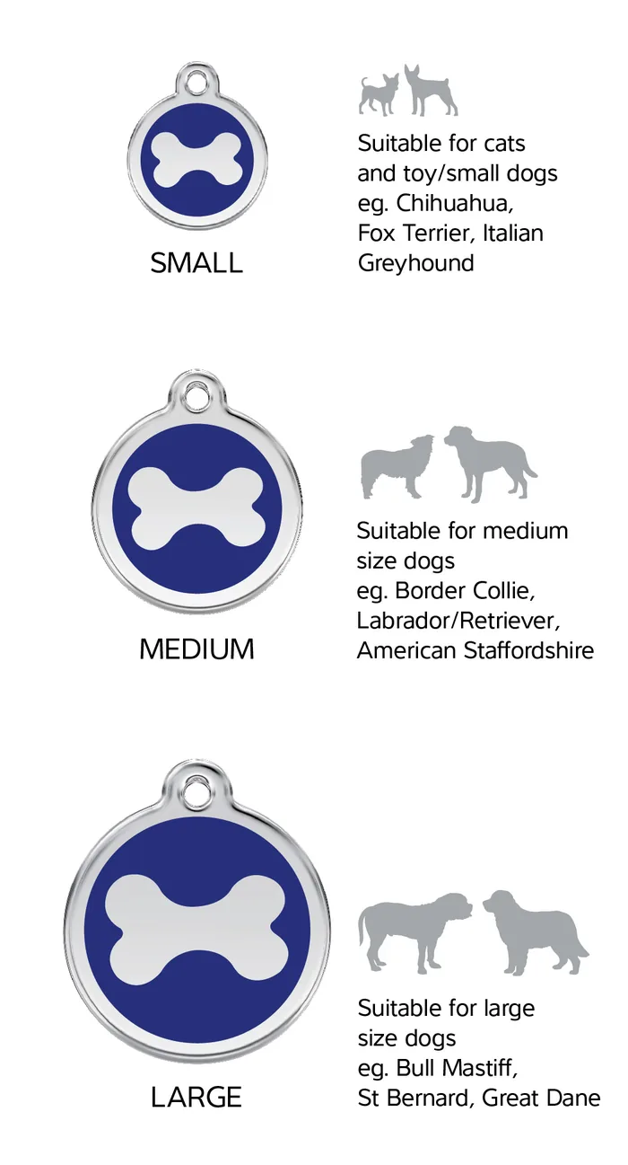 Red Dingo enamel tag sizes: small for cats and toy dogs, medium for dogs such as Border Collies and Labradors, large for dogs such as Bull Mastiffs and Great Danes